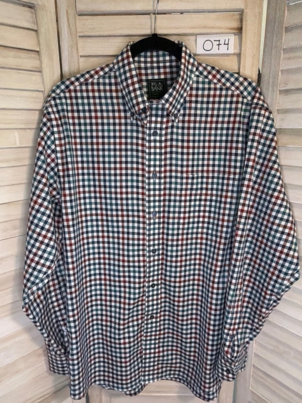 Jos. A. Bank Cotton Blend Navy, White & Brown Check Button-Down Shirt